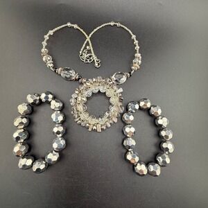 Rhinestone Necklace Bracelet Set Silver Tone 19"